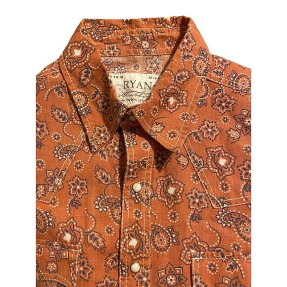 Ryan Michael Men’s L Western Snap Shirt Orange Floral Paisley Linen Pearl Snaps - Picture 5 of 11